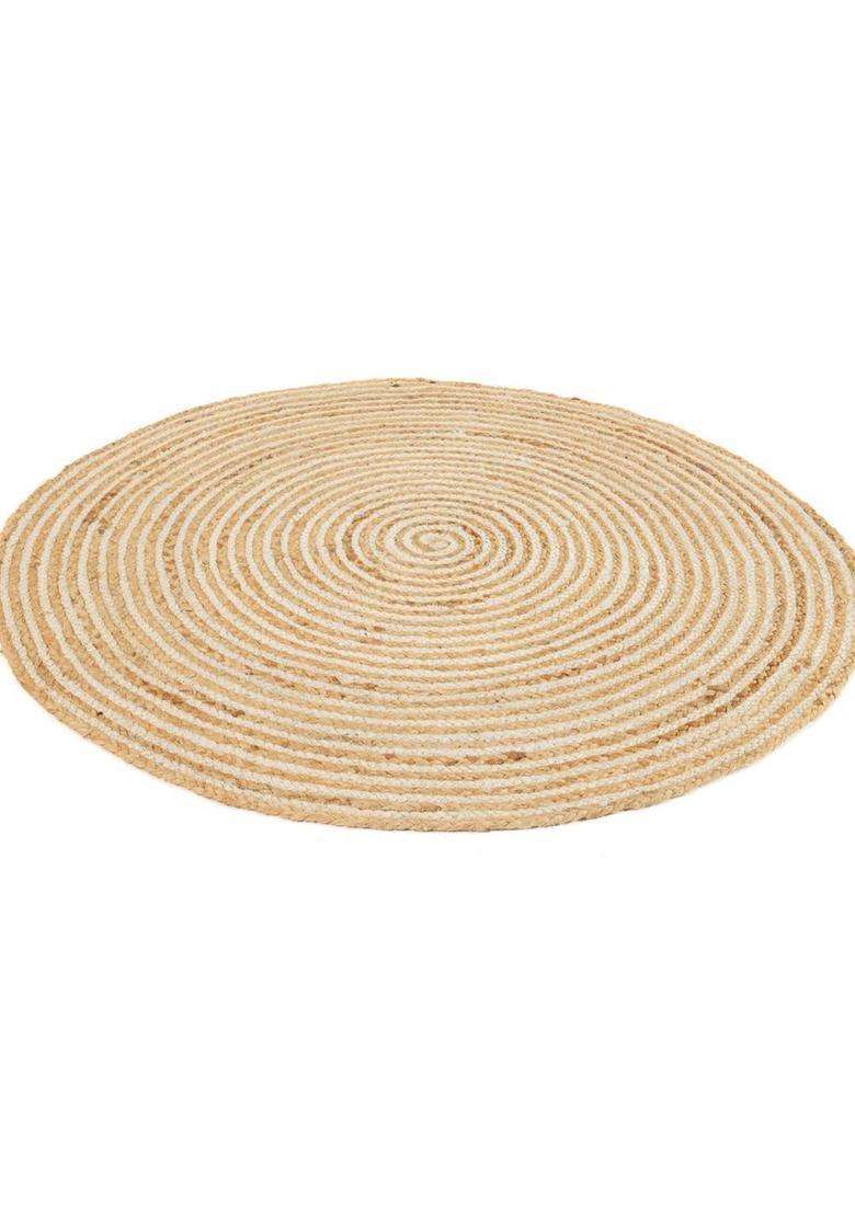 Saffron Rugs Natural Beige Bohemian Swirl Flat Weave Jute and Wool Round Rug - Indya