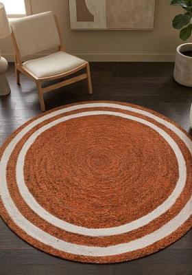 Saffron Rugs Flat Woven Natural Jute & Wool Area Rug | Rust Orange Round Rug | Bohemian Striped Home Decor Carpet