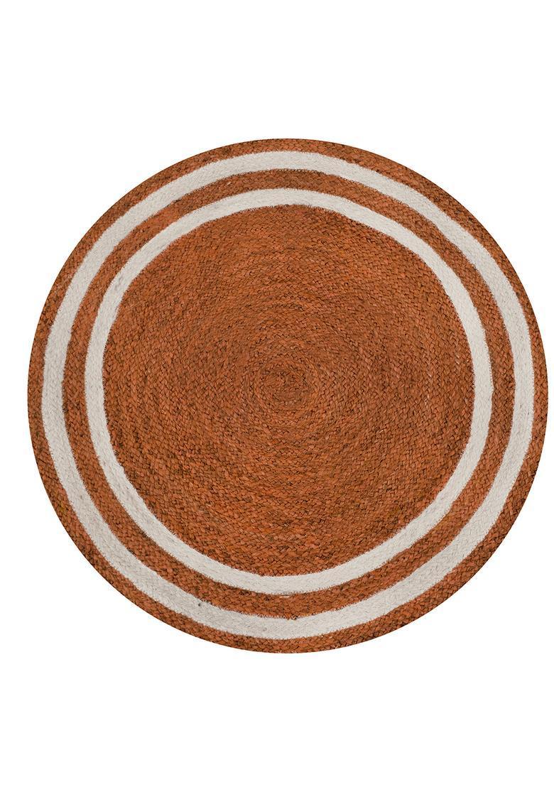 Saffron Rugs Flat Woven Natural Jute & Wool Area Rug | Rust Orange Round Rug | Bohemian Striped Home Decor Carpet - Indya