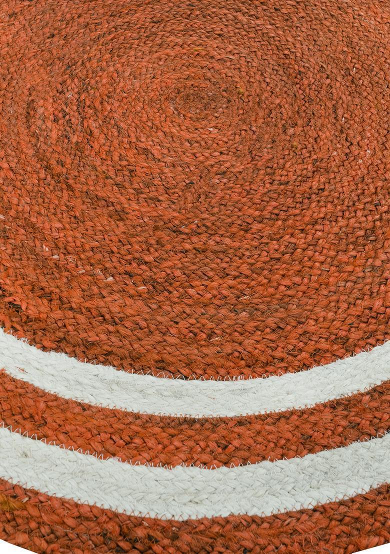 Saffron Rugs Flat Woven Natural Jute & Wool Area Rug | Rust Orange Round Rug | Bohemian Striped Home Decor Carpet - Indya