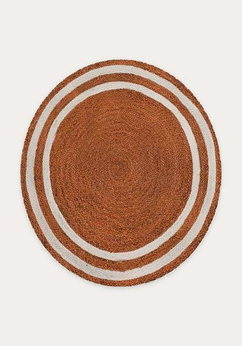 Jute Wool Braided Orange Rug | Bohemian Striped Round Flat Woven Reversible Carpet For Living Room