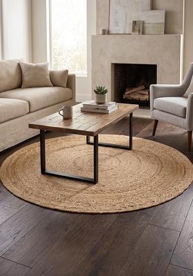Saffron Rugs Flat Woven Natural Jute & Wool Area Rug | Natural Beige Round Rug | Bohemian Solid Home Decor Carpet