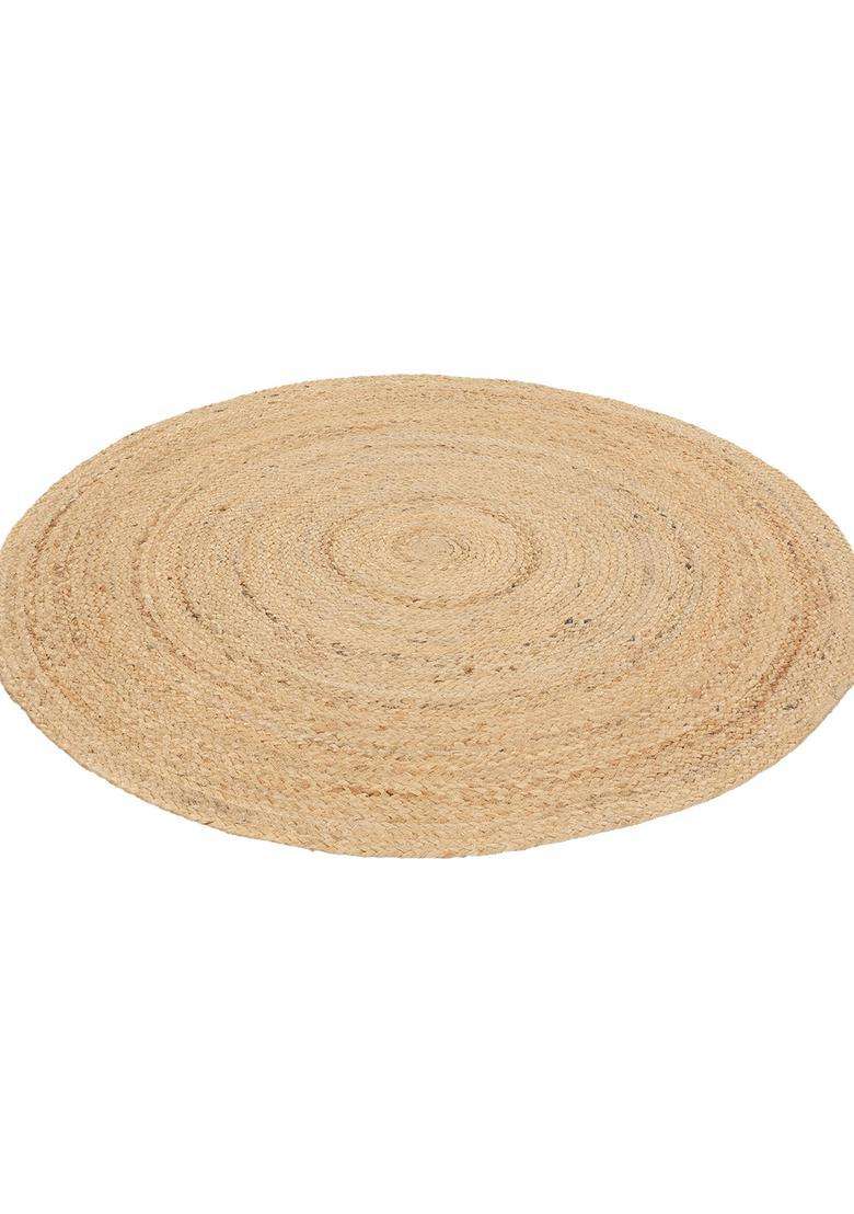Saffron Rugs Natural Beige Bohemian Solid Flat Weave Jute and Wool Round Rug - Indya