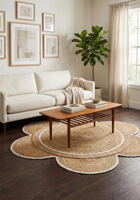 Saffron Rugs Flat Woven Natural Jute & Wool Area Rug | Natural Beige Flower Rug | Boho Braided Home Decor Carpet