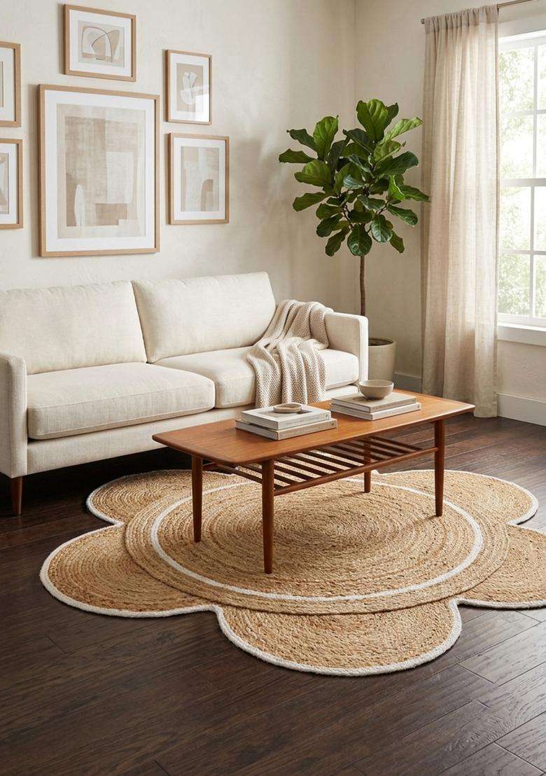 Saffron Rugs Natural Beige Boho Braided Flat Weave Jute and Wool Rectangular Rug - Indya