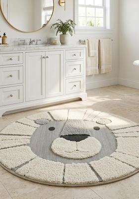 Saffron Rugs Hand Tufted Cotton Bath Mat | Cream Grey Round | Anti Slip Backing | Casual Kids Mats Bathroom Rug