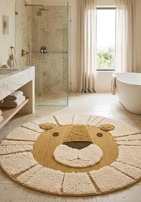 Saffron Rugs Hand Tufted Cotton Bath Mat | Golden Beige Round | Anti Slip Backing | Casual Kids Mats Bathroom Rug