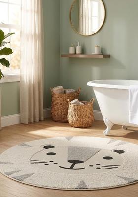 Saffron Rugs Hand Tufted Cotton Bath Mat | Cream Round | Anti Slip Backing | Contemporary Kids Mats Bathroom Rug