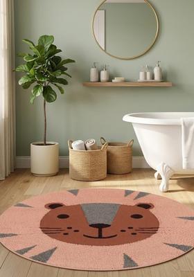 Saffron Rugs Hand Tufted Cotton Bath Mat | Coral Pink Round | Anti Slip Backing | Contemporary Kids Mats Bathroom Rug