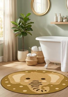 Saffron Rugs Hand Tufted Cotton Bath Mat | Golden Brown Round | Anti Slip Backing | Casual Kids Mats Bathroom Rug