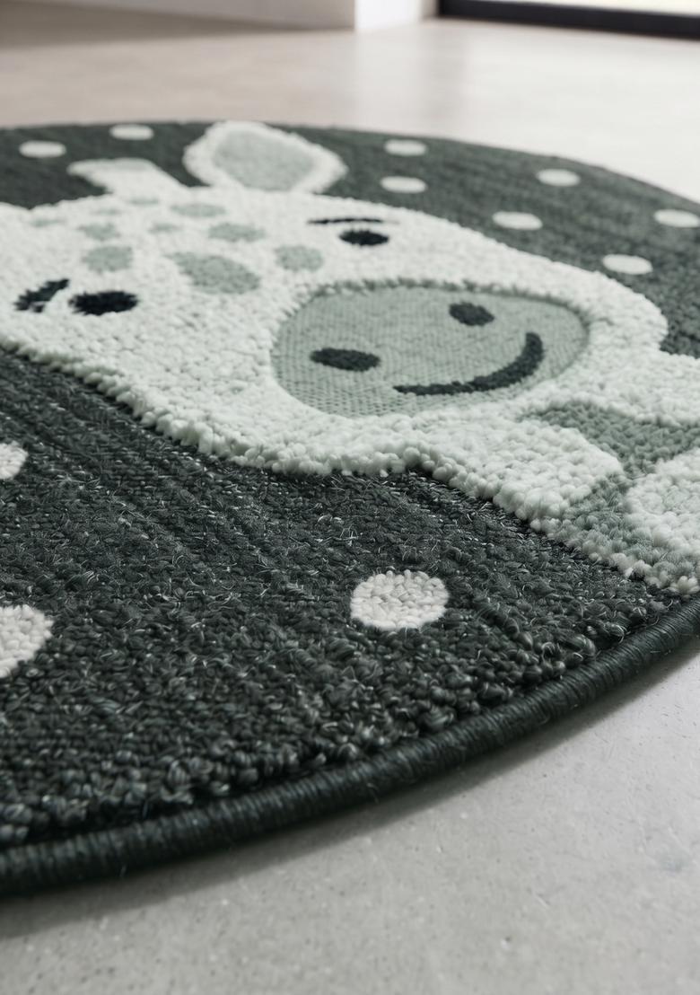Saffron Rugs Hand Tufted Cotton Bath Mat | Dark Grey Green Round | Anti Slip Backing | Contemporary Kids Mats Bathroom Rug - Indya