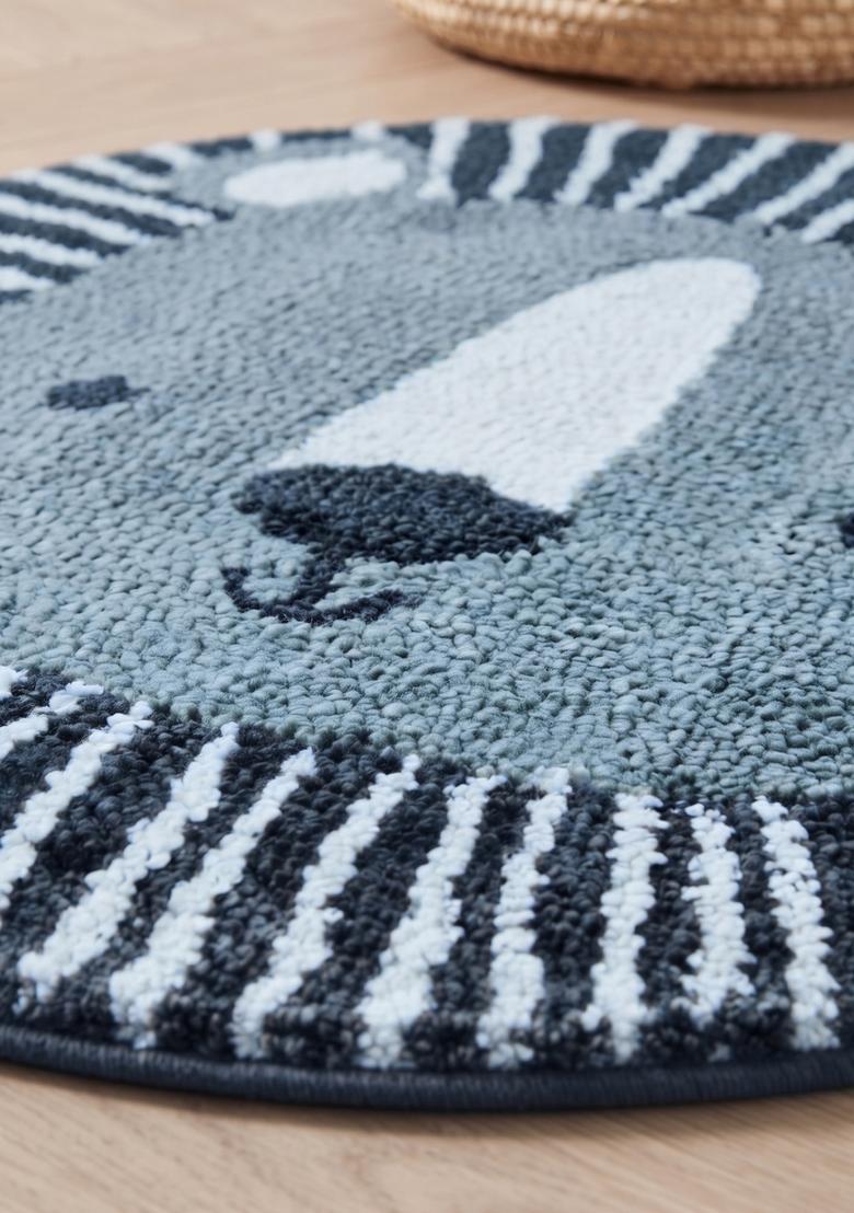 Saffron Rugs Hand Tufted Cotton Bath Mat | Blue Grey Round | Anti Slip Backing | Casual Kids Mats Bathroom Rug - Indya