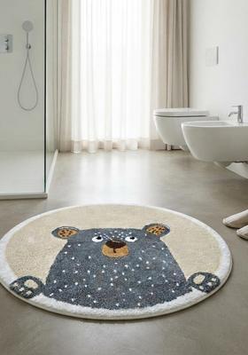 Saffron Rugs Hand Tufted Cotton Bath Mat | Beige Grey Round | Anti Slip Backing | Casual Kids Mats Bathroom Rug