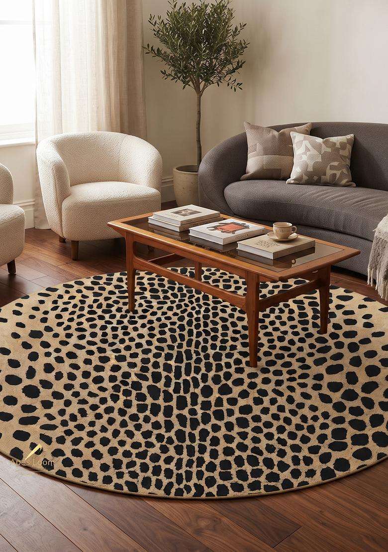 Saffron Rugs Tan Beige Eclectic Animal Print Hand Tufted Wool Round Rug - Indya