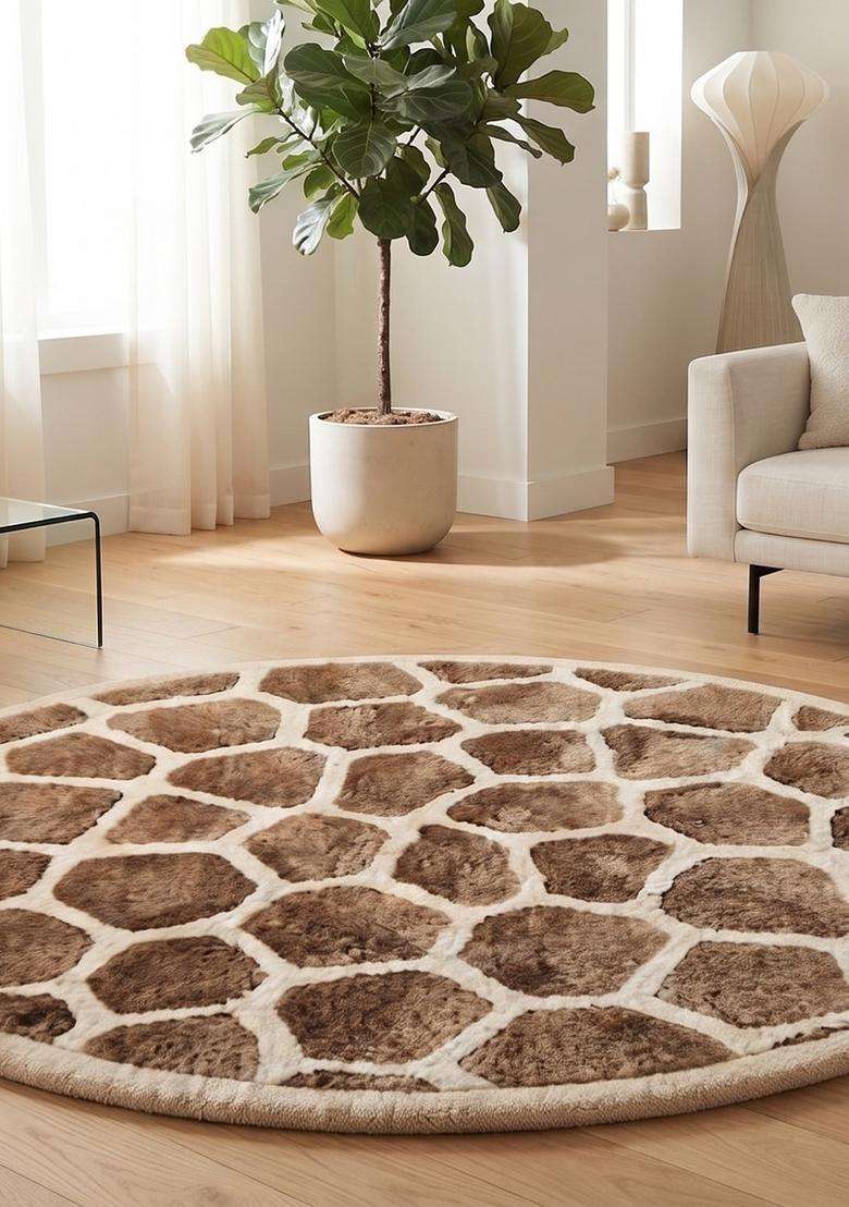 100% Wool Handmade Brown Rug | Animal Print Round Carpet With Cotton Backing For Living Room - Indya