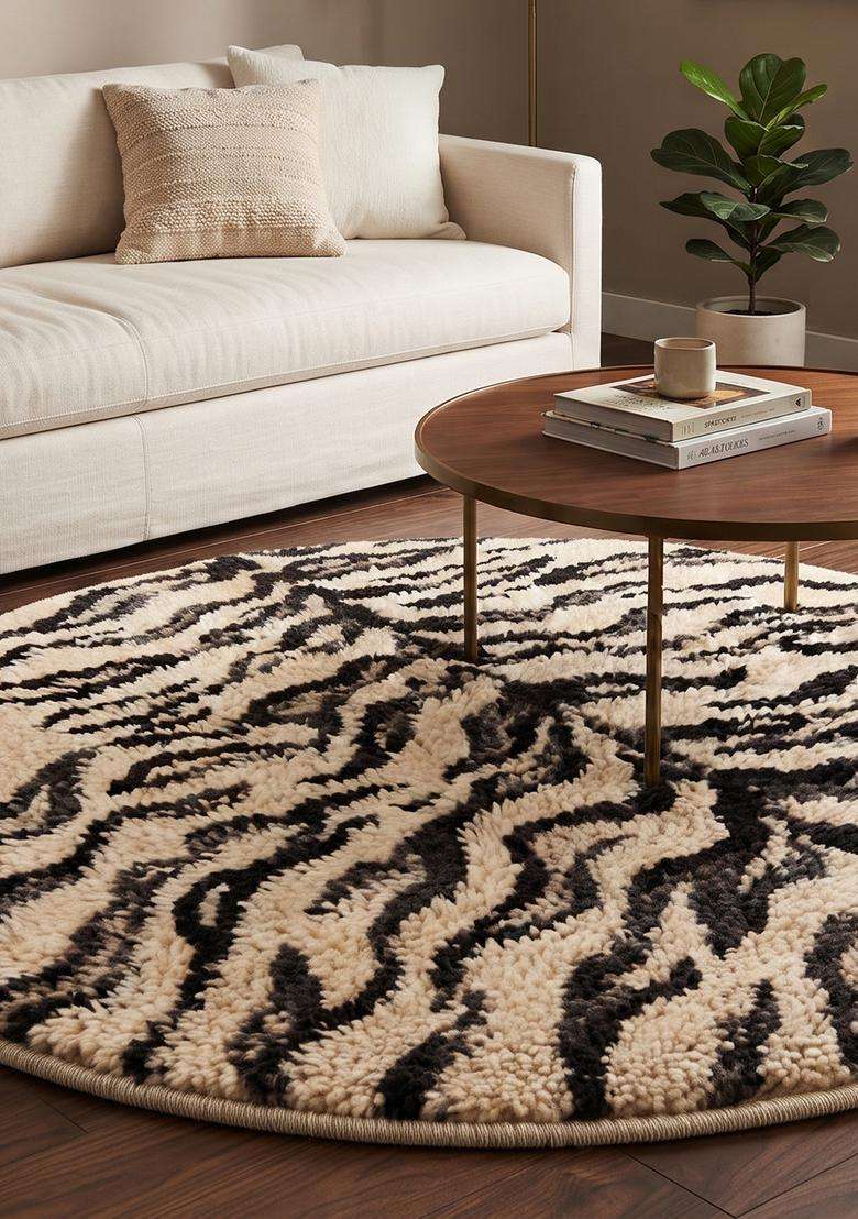 Saffron Rugs Beige Contemporary Animal Print Hand Tufted Wool Round Rug - Indya