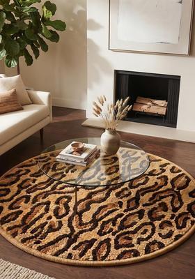 Saffron Rugs Hand Tufted Wool Area Rug | Golden Brown Round Rug | Cotton Backing | Glam Animal Print Carpet for Living Room