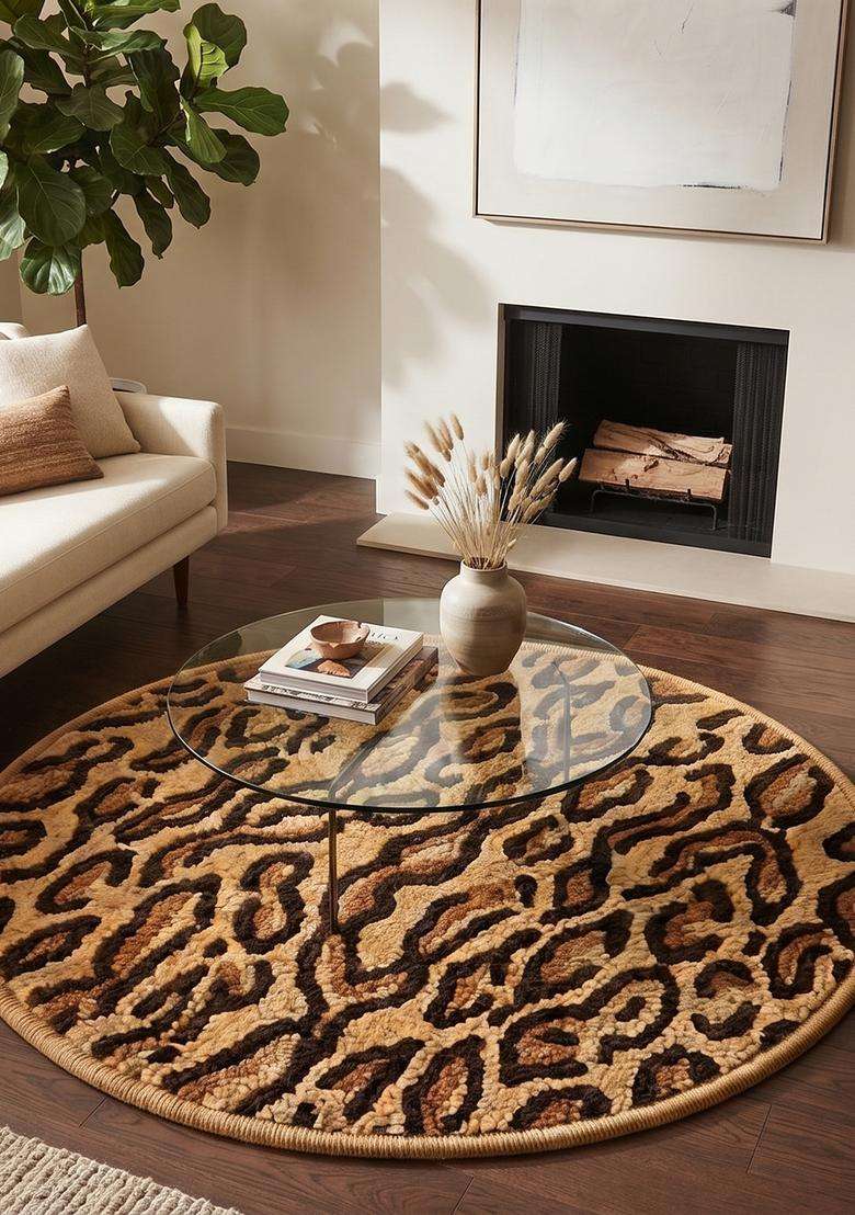 Saffron Rugs Golden Brown Glam Animal Print Hand Tufted Wool Round Rug - Indya