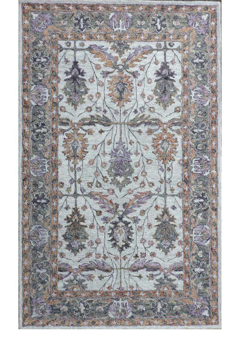 Saffron Rugs Cream Beige Transitional Floral Hand Tufted Wool Rectangular Rug - Indya