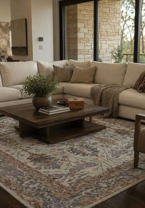 100% Wool Handmade Cream Beige Rug | Transitional Floral Carpet With Cotton Backing For Living Room