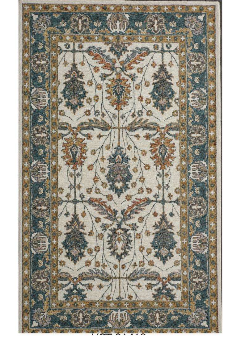 Saffron Rugs Cream Classic Floral Hand Tufted Wool Rectangular Rug - Indya