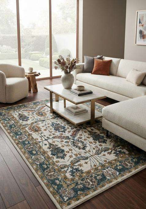 100% Wool Handmade Cream Rug | Classic Floral Carpet With Cotton Backing For Living Room