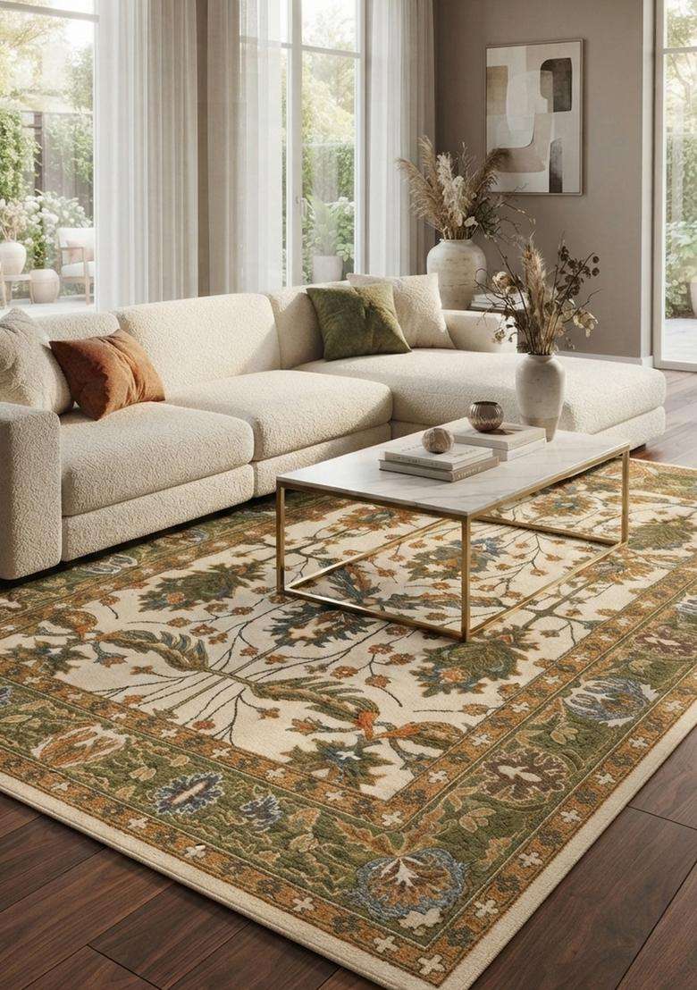 Saffron Rugs Ivory Green Multi Classic Floral Hand Tufted Wool Rectangular Rug - Indya