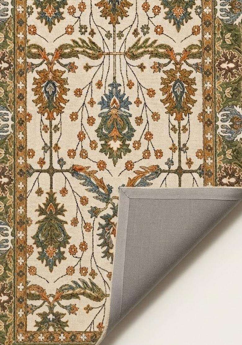 Saffron Rugs Ivory Green Multi Classic Floral Hand Tufted Wool Rectangular Rug - Indya