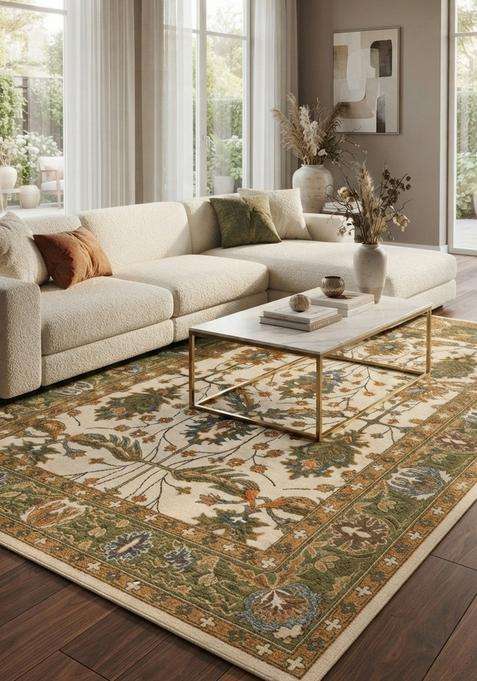 100% Wool Handmade Ivory Green Multi Rug | Classic Floral Carpet With Cotton Backing For Living Room