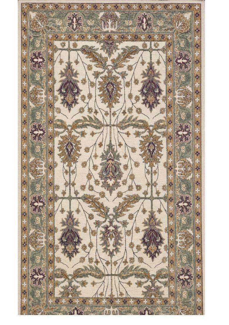 Saffron Rugs Ivory Classic Floral Hand Tufted Wool Rectangular Rug - Indya