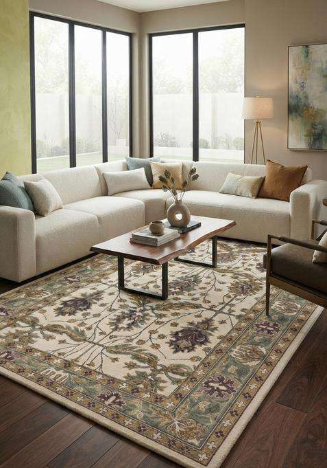 100% Wool Handmade Ivory Floral Multicolor Rug | Classic Floral Carpet With Cotton Backing For Living Room