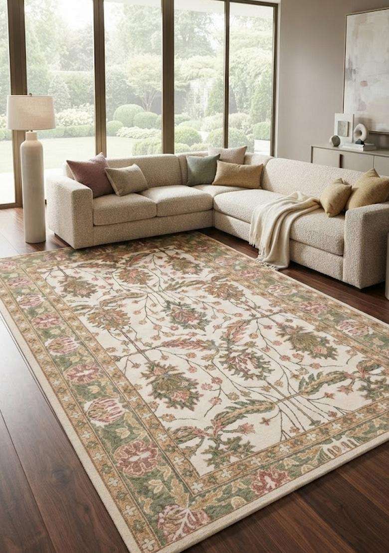 Saffron Rugs Cream Classic Floral Hand Tufted Wool Rectangular Rug - Indya