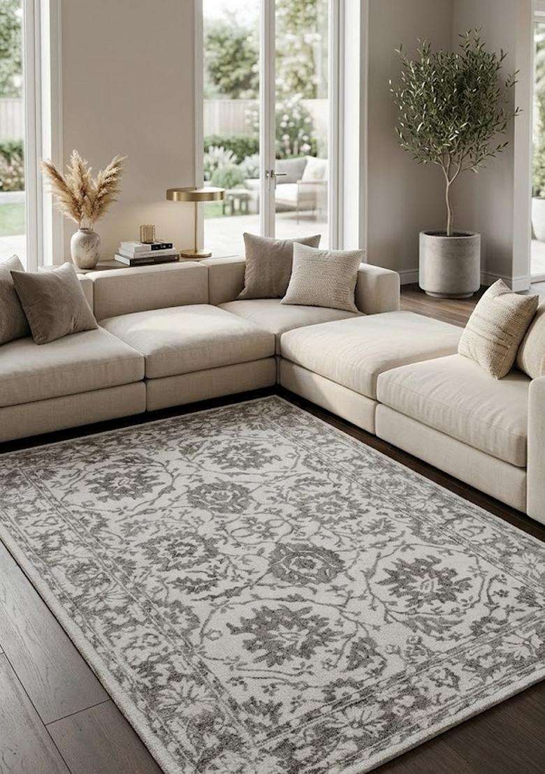 Saffron Rugs Cream Grey Transitional Floral Hand Tufted Wool Rectangular Rug - Indya
