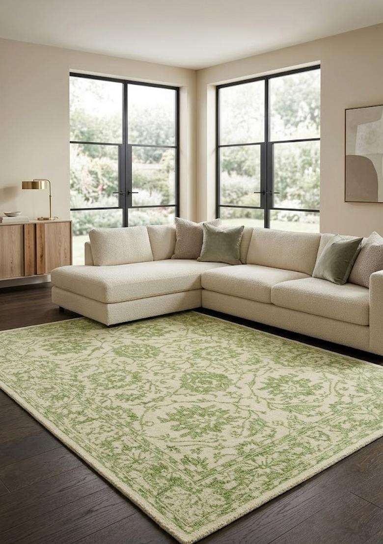 Saffron Rugs Hand-Tufted 100% Wool Area Rug | Ivory Green Rectangular Rug | Cotton Backing | Transitional Floral Carpet for Living Room - Indya