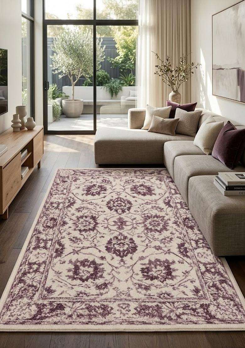 Saffron Rugs Cream Purple Transitional Floral Hand Tufted Wool Rectangular Rug - Indya
