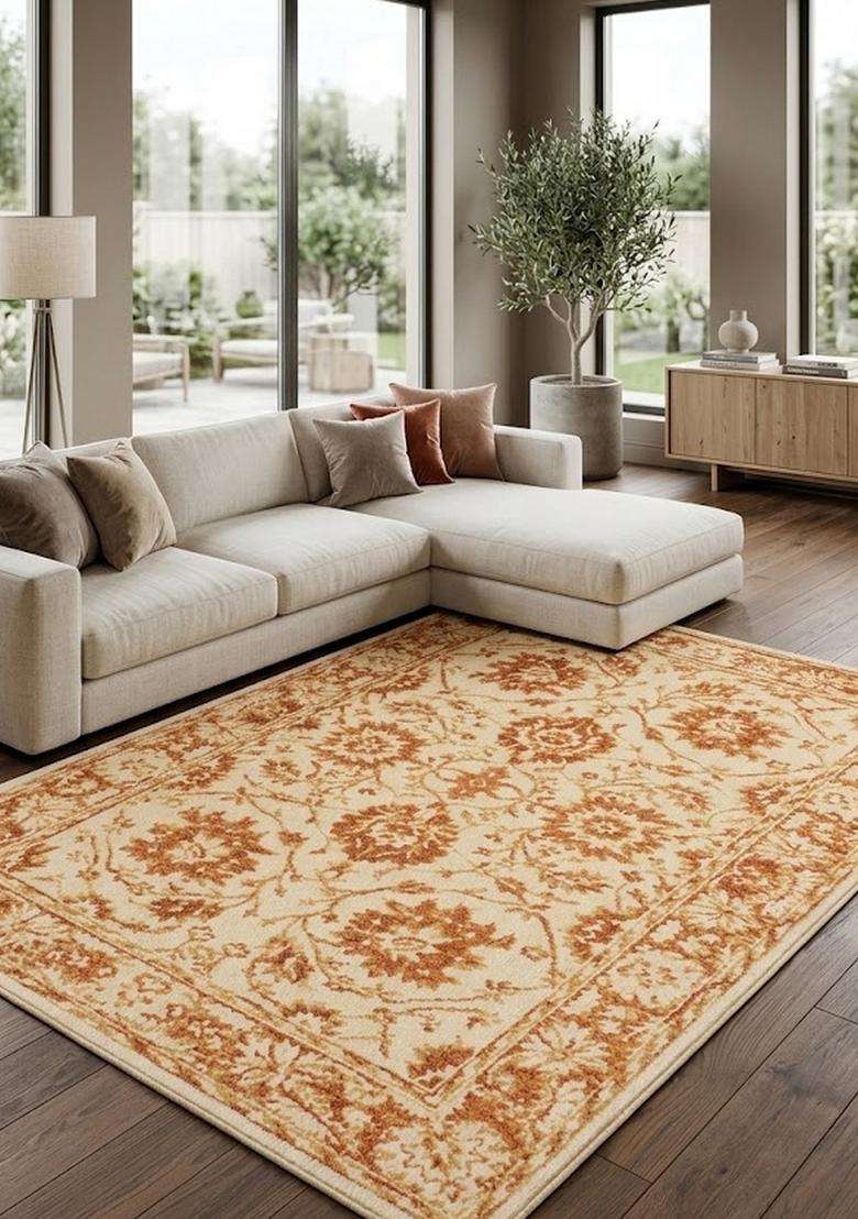 Saffron Rugs Hand-Tufted 100% Wool Area Rug | Cream Orange Floral Rectangular Rug | Cotton Backing | Classic Floral Carpet for Living Room - Indya