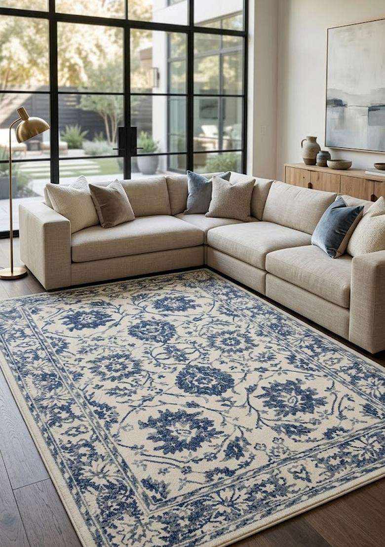 Saffron Rugs Ivory Blue Classic Floral Hand Tufted Wool Rectangular Rug - Indya