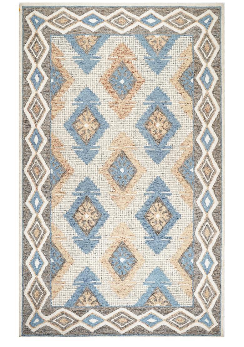 Saffron Rugs Blue Beige Brown Bohemian Geometric Hand Tufted Wool Rectangular Rug - Indya