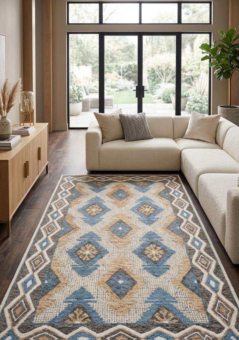 Saffron Rugs Hand-Tufted 100% Wool Area Rug | Blue Beige Brown Rectangular Rug | Cotton Backing | Bohemian Geometric Carpet for Living Room - Indya