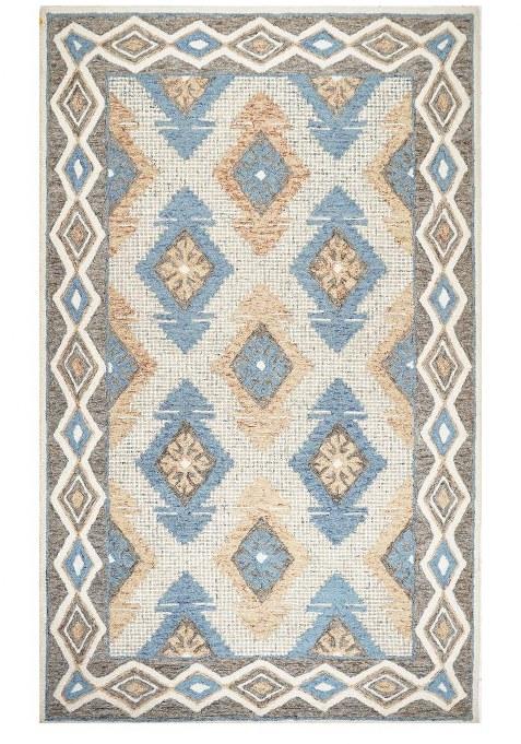Saffron Rugs Hand-Tufted 100% Wool Area Rug | Blue Beige Brown Rectangular Rug | Cotton Backing | Bohemian Geometric Carpet for Living Room