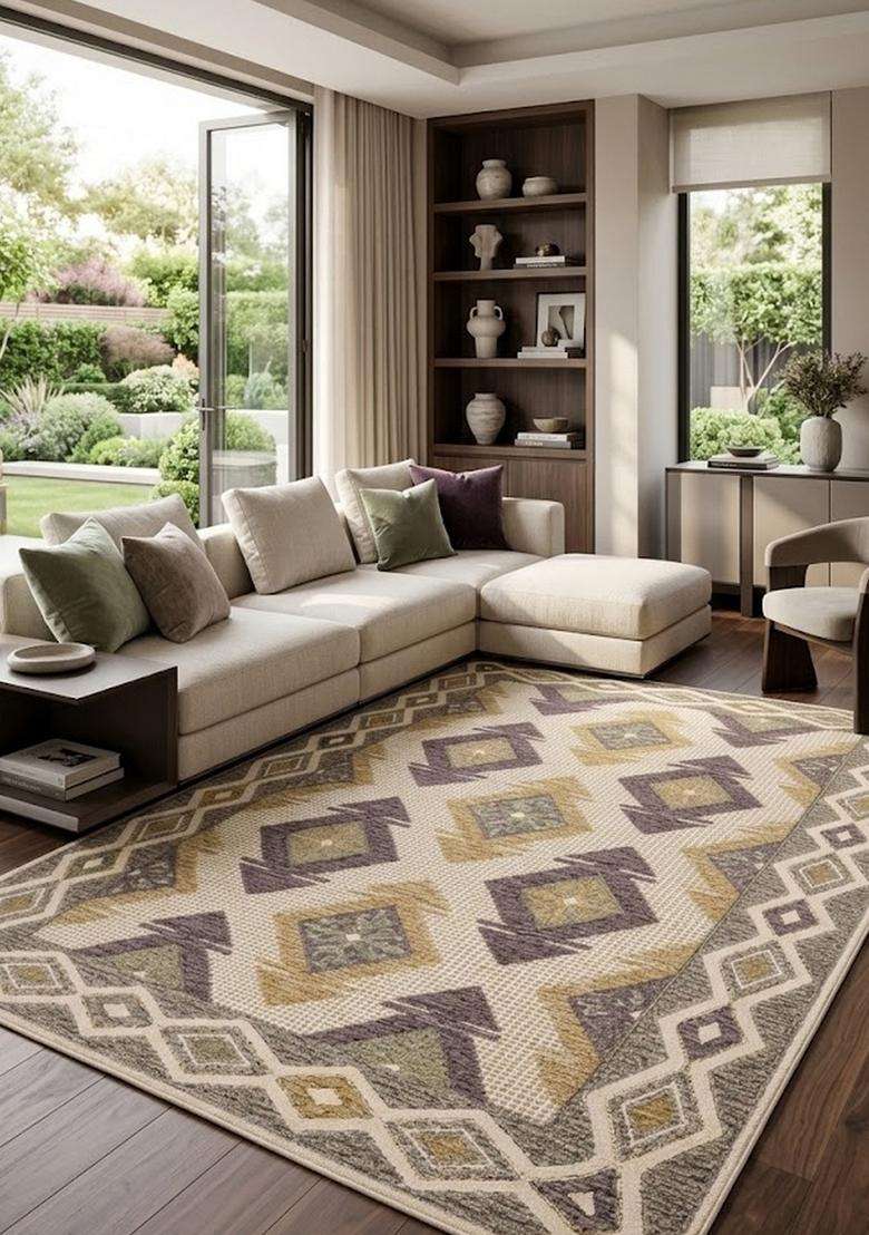 Saffron Rugs Cream Multicolor Transitional Geometric Hand Tufted Wool Rectangular Rug - Indya