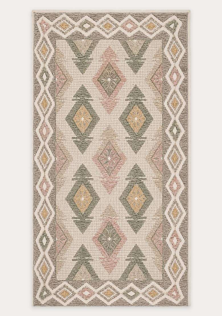 Saffron Rugs Beige Multicolor Bohemian Geometric Hand Tufted Wool Rectangular Rug - Indya