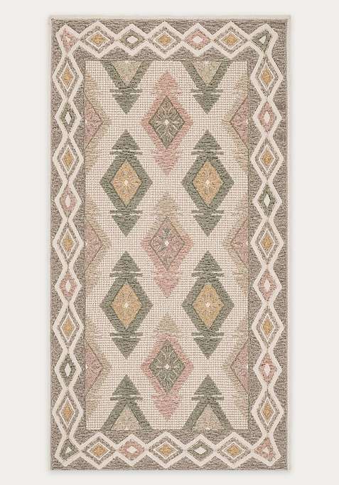 100% Wool Handmade Beige Multicolor Rug | Bohemian Geometric Carpet With Cotton Backing For Living Room