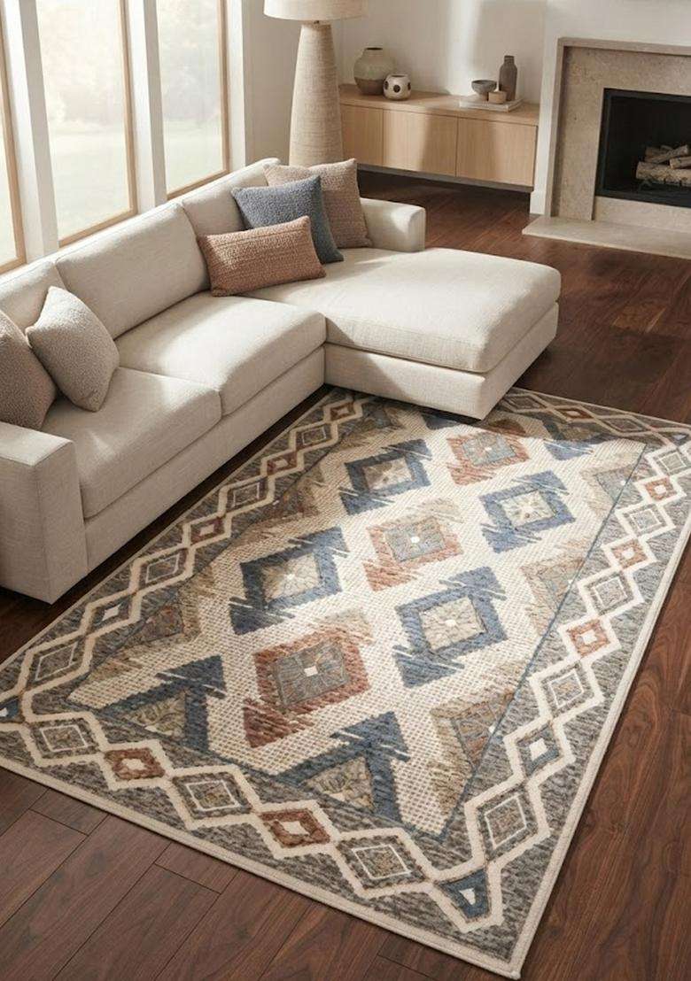 Saffron Rugs Hand-Tufted 100% Wool Area Rug | Beige Multicolor Rectangular Rug | Cotton Backing | Bohemian Geometric Carpet for Living Room - Indya