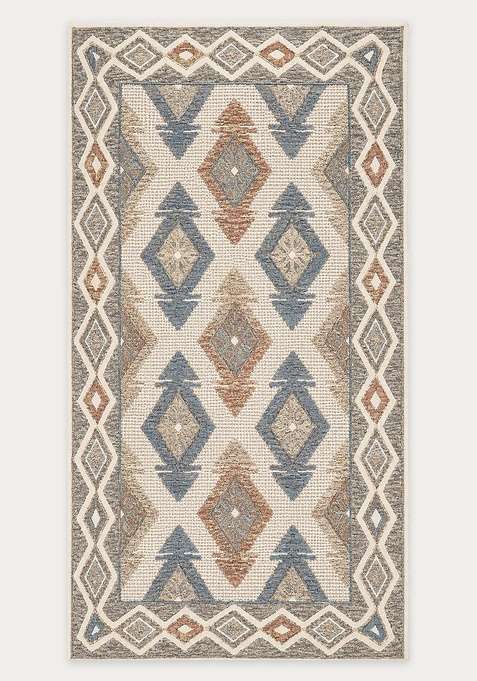 100% Wool Handmade Beige Multicolor Rug | Bohemian Geometric Carpet With Cotton Backing For Living Room