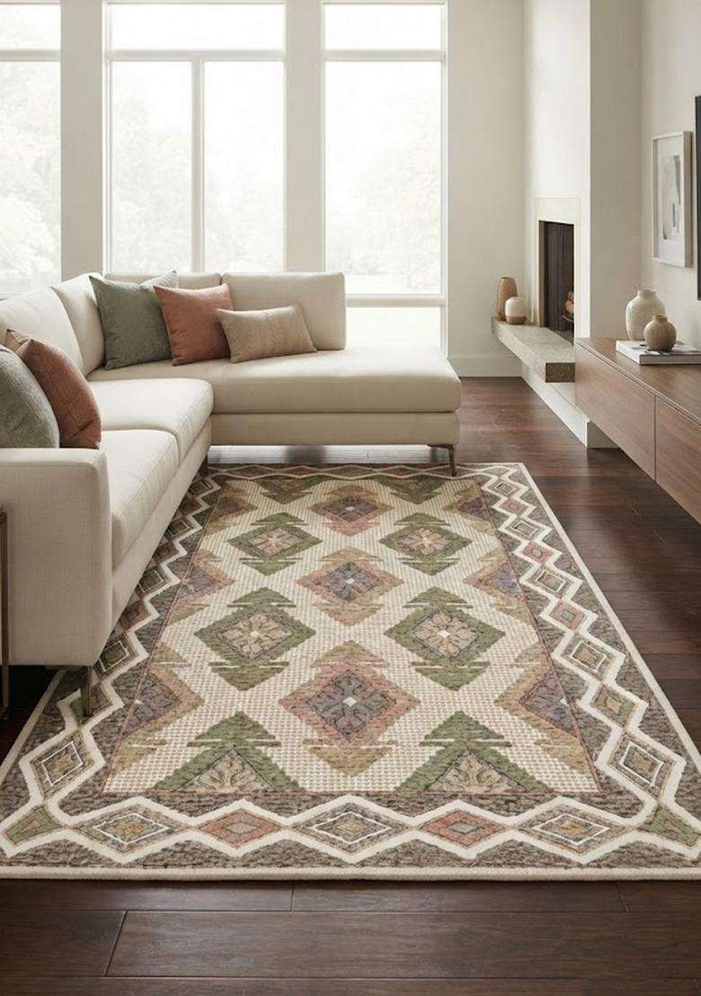 Saffron Rugs Hand-Tufted 100% Wool Area Rug | Cream Multicolor Rectangular Rug | Cotton Backing | Bohemian Geometric Carpet for Living Room - Indya