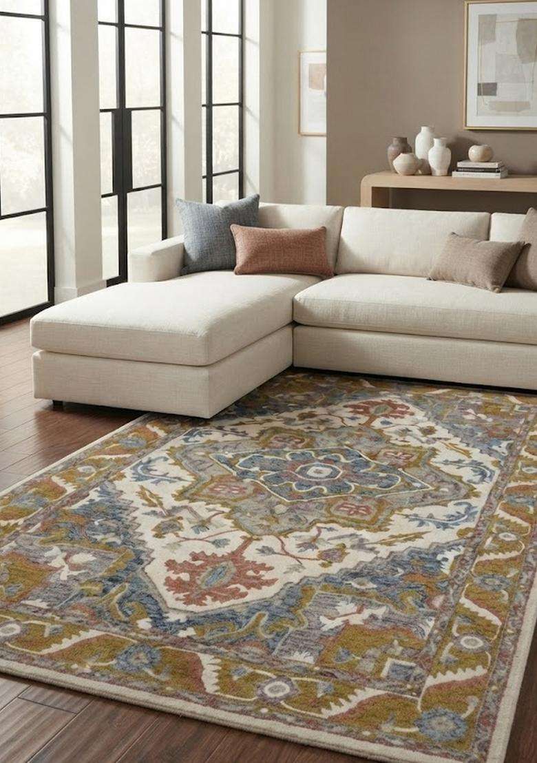 Saffron Rugs Ivory Multicolor Oriental Floral Hand Tufted Wool Rectangular Rug - Indya