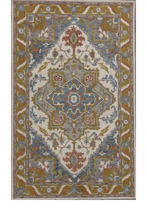 100% Wool Handmade Ivory Multicolor Rug | Oriental Floral Carpet With Cotton Backing For Living Room