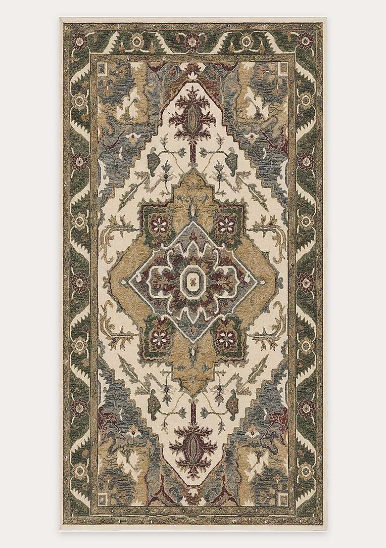 Saffron Rugs Hand-Tufted 100% Wool Area Rug | Ivory Beige Rectangular Rug | Cotton Backing | Classic Floral Carpet for Living Room - Indya