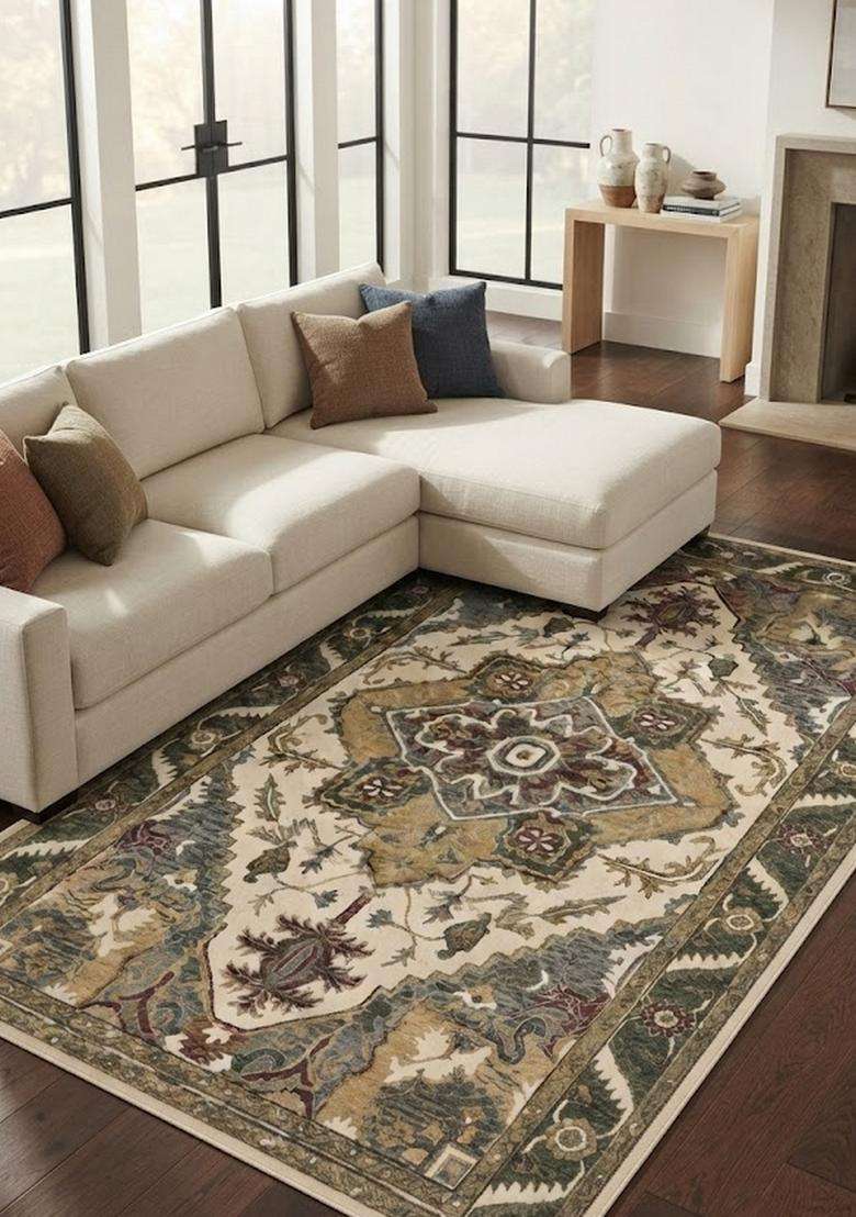 Saffron Rugs Ivory Beige Classic Floral Hand Tufted Wool Rectangular Rug - Indya